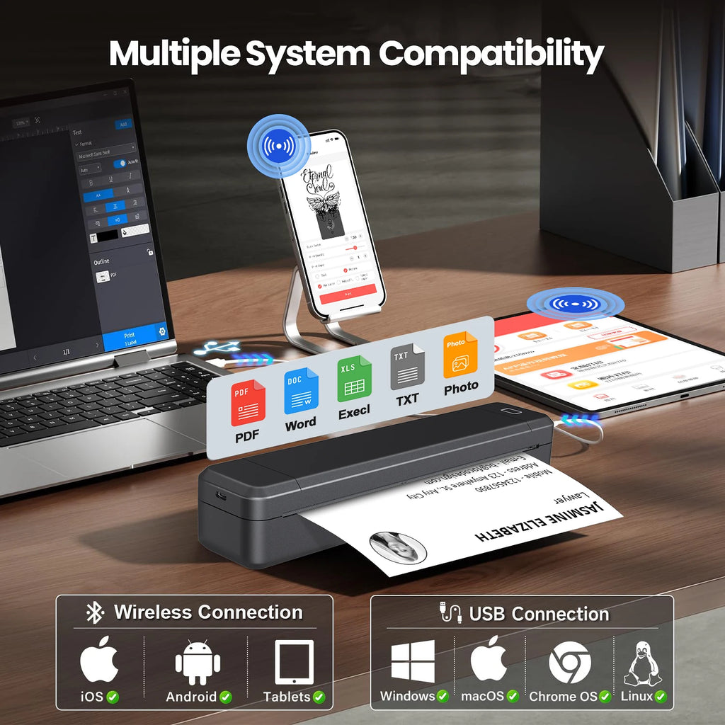 Portable Mini Thermal Printer – Bluetooth, Inkless, A4 Printing