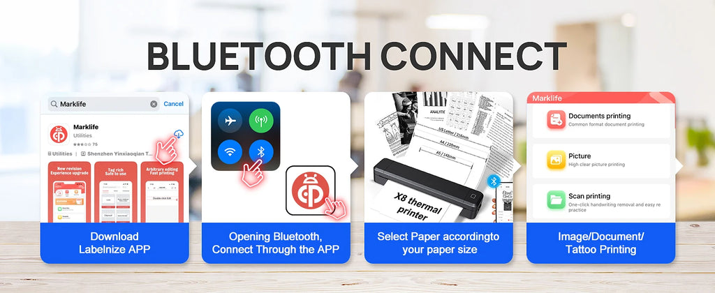 Portable Mini Thermal Printer – Bluetooth, Inkless, A4 Printing