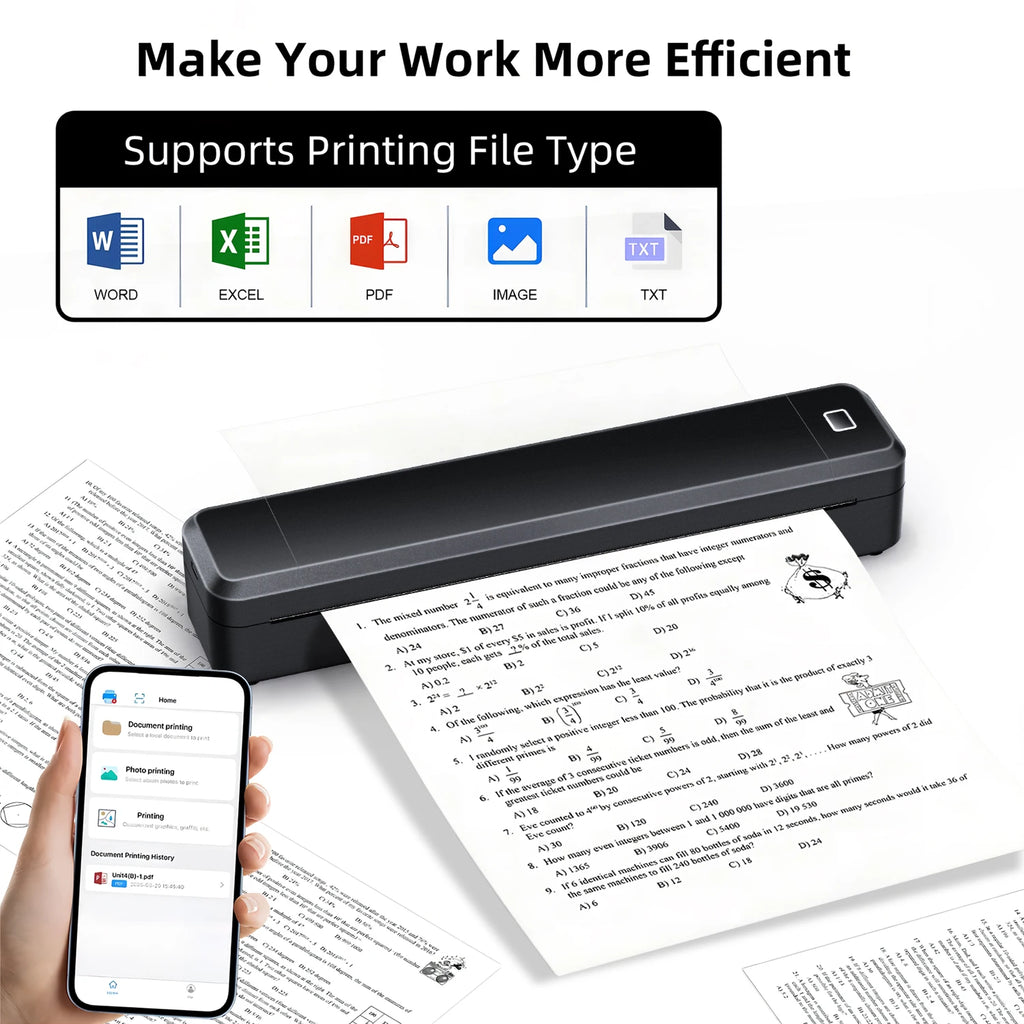 Portable Mini Thermal Printer – Bluetooth, Inkless, A4 Printing
